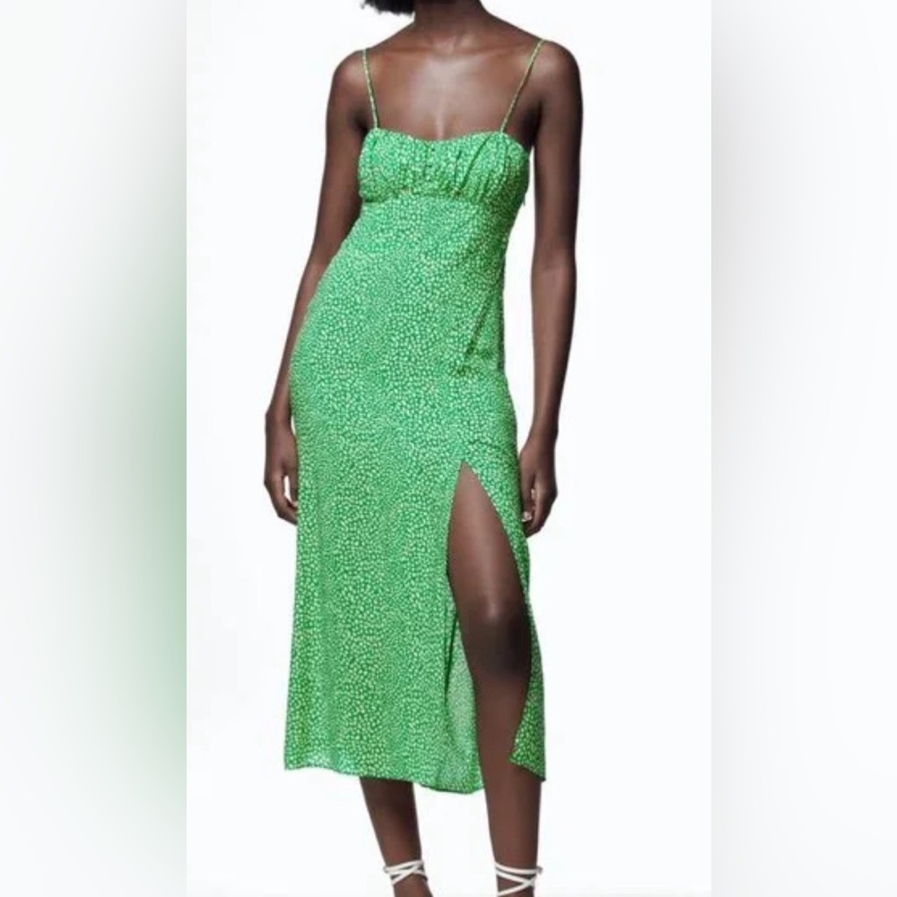 Woman’s Zara Green Leopard Spot‎ Print Midi Slip Dress w/ Slit - Extra Large